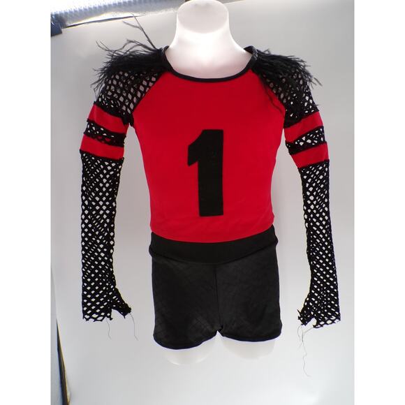 Dance Kelle Medium Child Red Black Long Fishnet Sleeve Two Piece Jazz Character - Picture 1 of 5